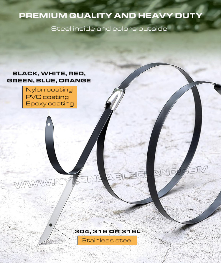 304/316 Stainless Steel Cable Tie Epoxy Polyester Fully Coated 500mm x 7.9, Nylon Plastic Sprayed Metal Cable Tie (Ø13-128mm, 380lbs) for Organize