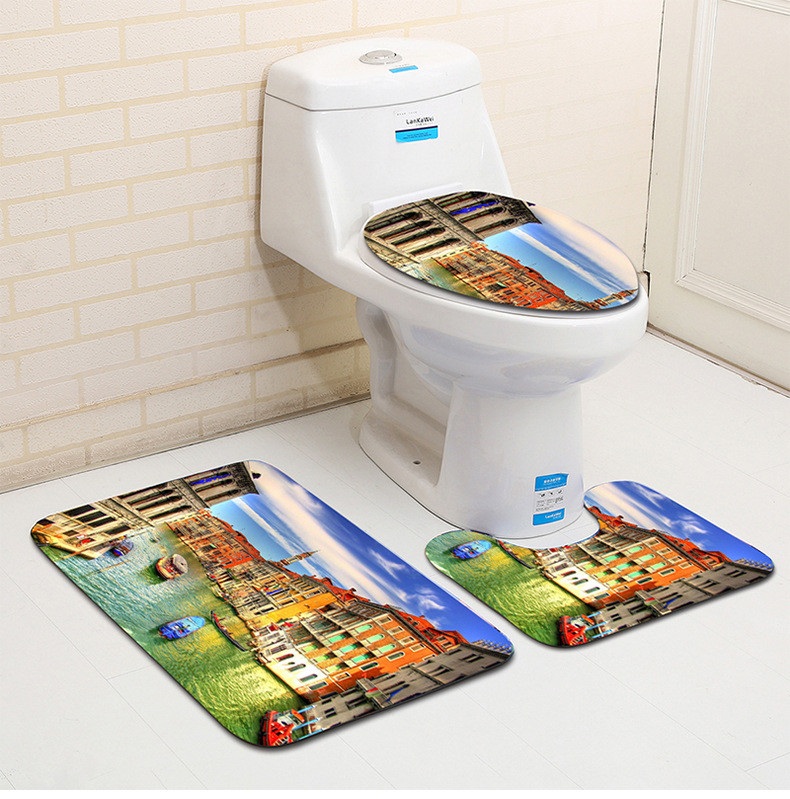 Three Piece Bathroom Mat Toilet Carpet Set 3D Dolphin Printed