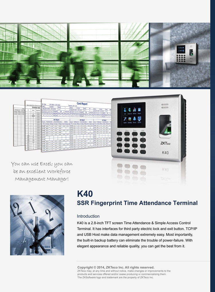 ZK K40 Fingerprint Card Time Attendance Machine Time Recorder Simple Access Control & Fingerprint Access Control With Battery