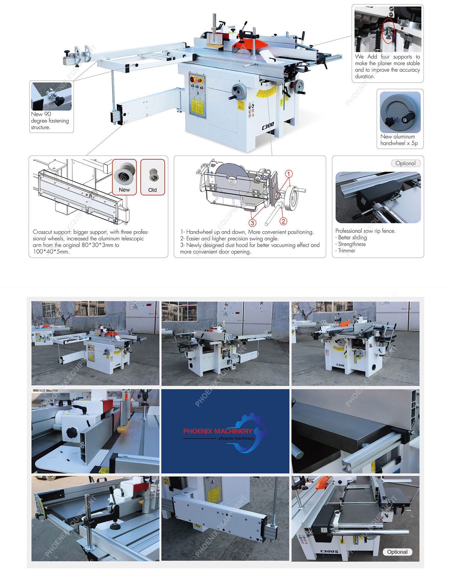 0-2kW 5 in 1 Combined Sliding Panel Saw Spindle Moulder Table Woodworking Planer Machine