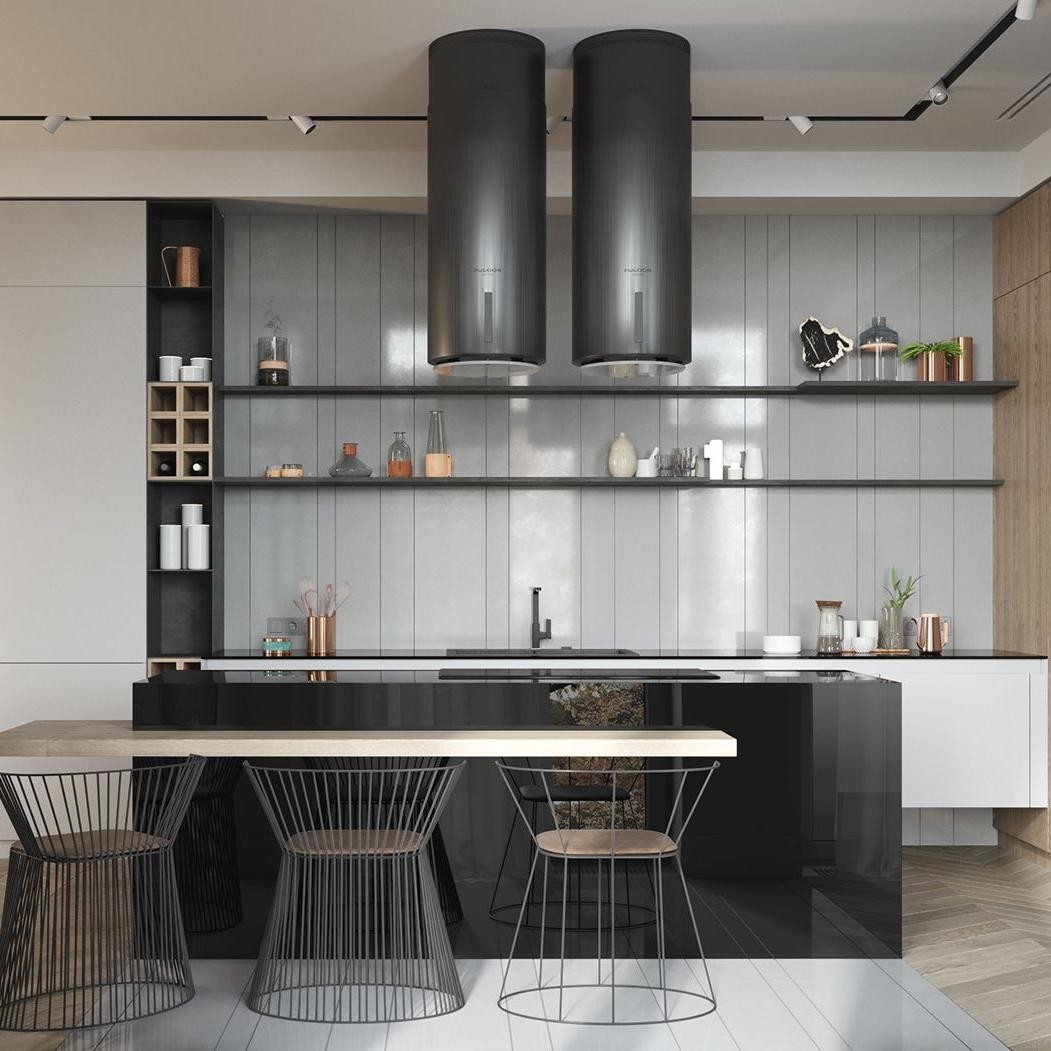 I Shape Lacquer Custom Made Wood Kitchen Cabinet With Island Waterfall Double Sink Design