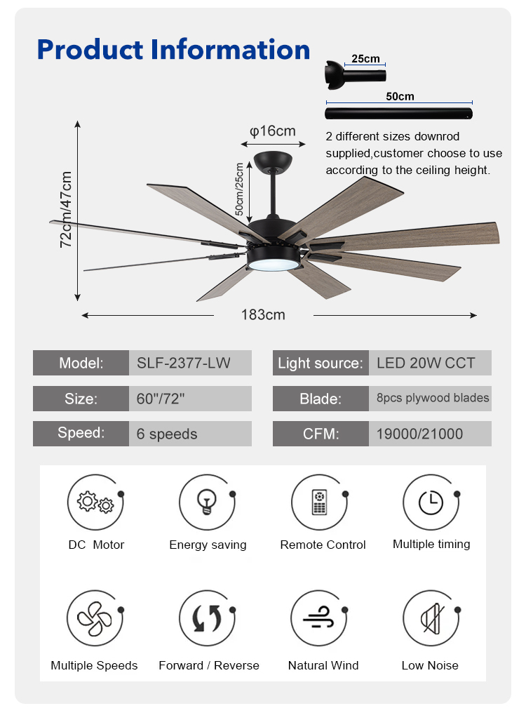 Commercial Household 60 Inch 72 Inch Pure Copper DC Motor Big Size Remote Control Led Ceiling Fan With Light