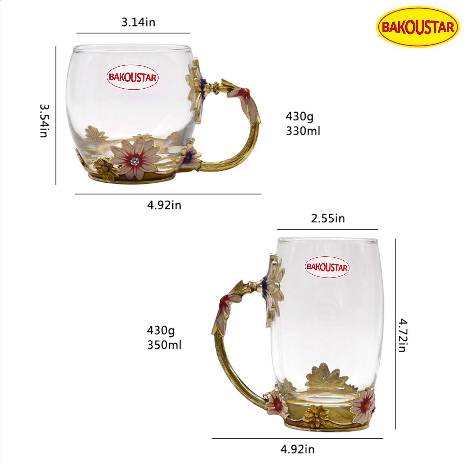 330ml 350ml Decorated Enamel Glass Cup BPA Free With Spoon