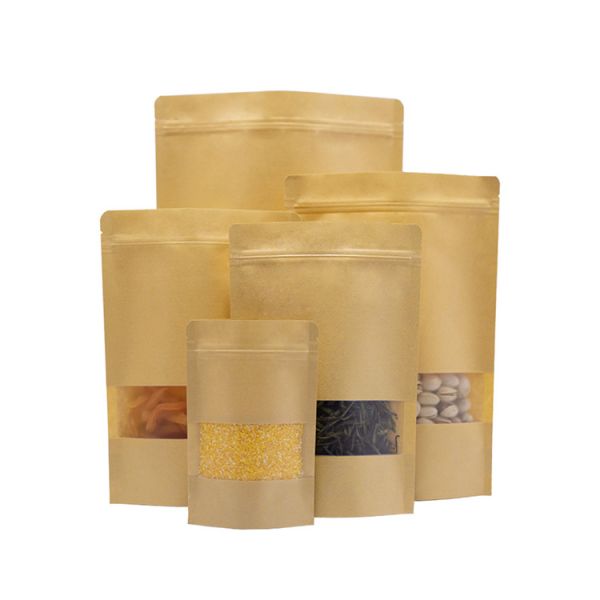 Resealable Zipper And Clear Window Compostable Stand Up Pouches Natural Kraft Paper Stand Up