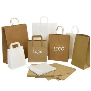 Wholesale Recyclable Shopping Kraft Brown Paper Bag Flat Handle Food Packaging Takeaway Bags from china suppliers