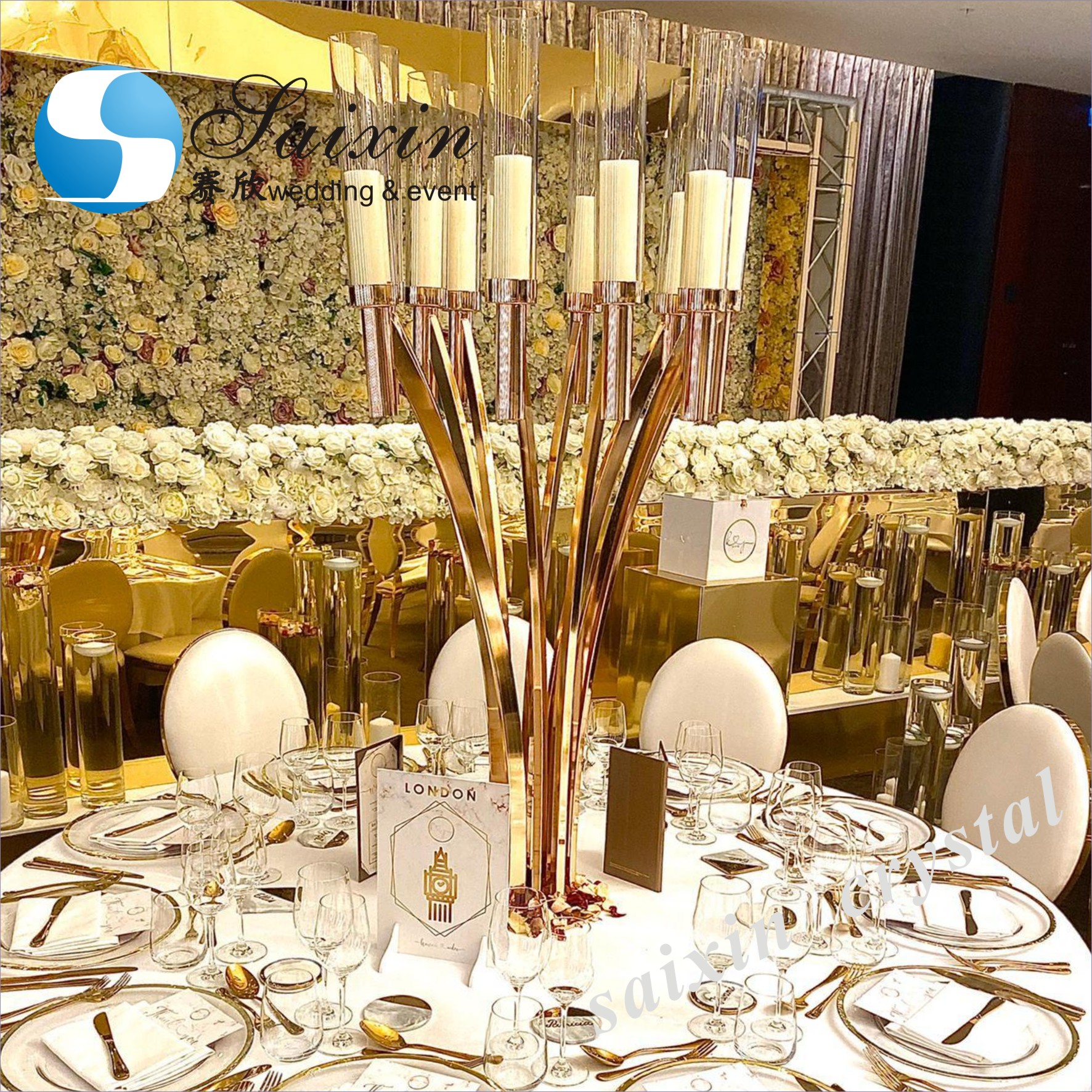 ZT-464 Chic shiny gold wedding centerpieces flower arrangement metal double circle