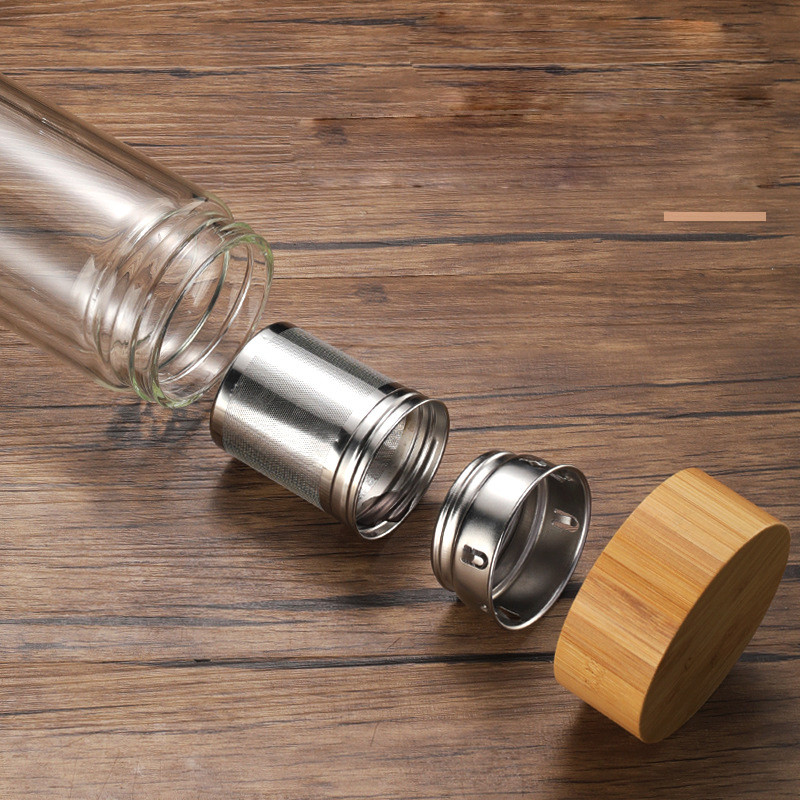 Custom Logo Leak Proof Double Wall Tea Infuser Bottle Double Insulated Glass Water Bottle With Bamboo Lid 350ml/400ml/450ml Reusable Eco Friendly