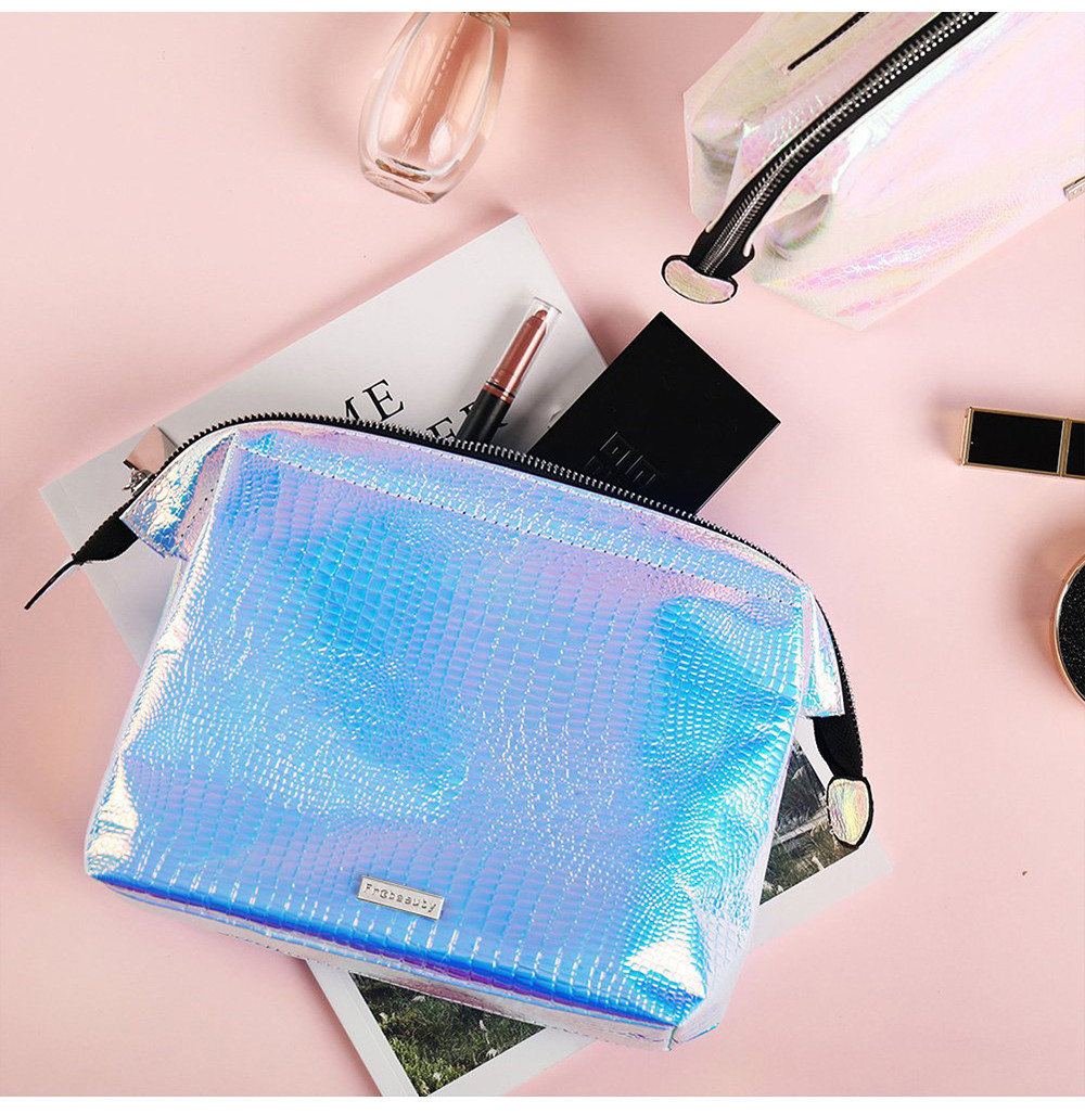 Portable Zippered PU Leather Holographic Cosmetic Bag