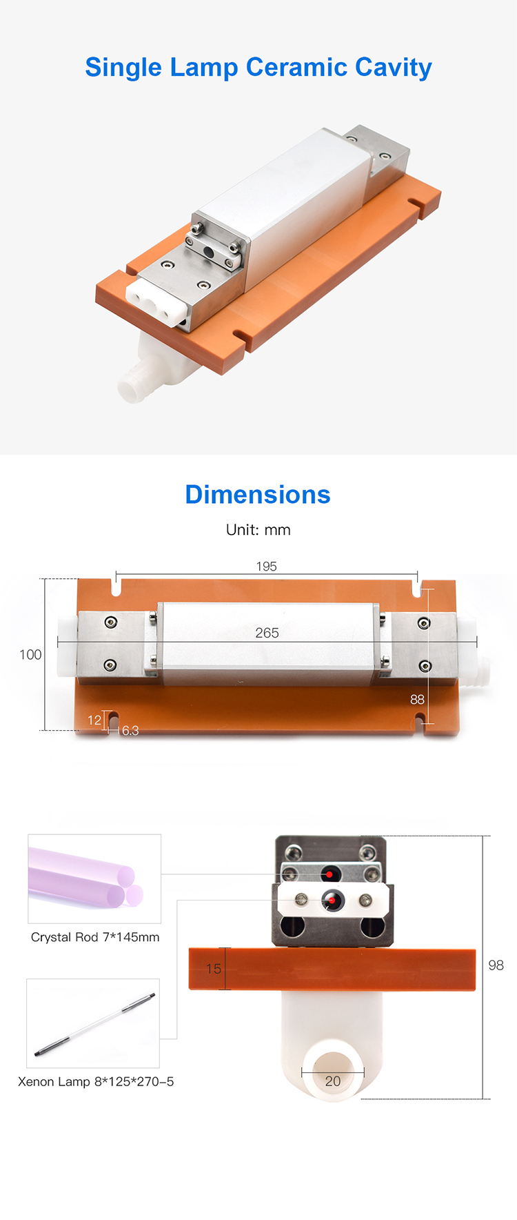Fiber Laser Marking Cutting Machine YAG Welding Single Lamp Ceramic Cavity Xenon Lamp 8*125*270mm Crystal Rod 7*145mm