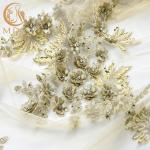 Gold Rhinestones Bridal Lace Fabrics Polyester Decoration 55 Inch Width