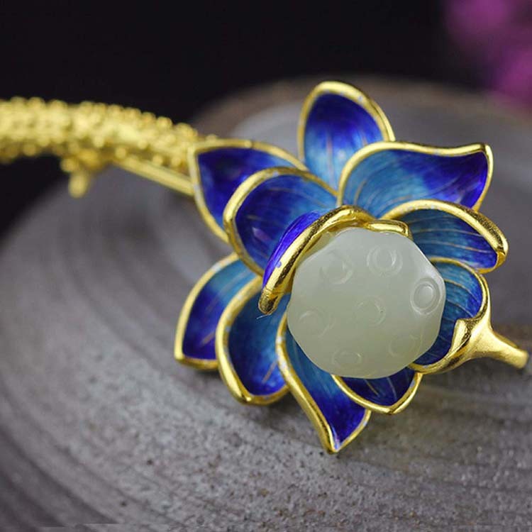 18K Gold Plated 925 Silver Enamel Lotus Flower Jade Pendant Necklace Brooch For Women(XZ81001)