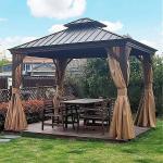 Garden Gazebo Heavy Duty Hard Top Mono Wood Metal Roof Windproof Gazebo with