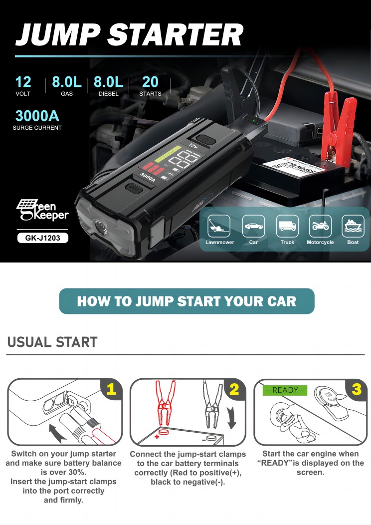 LCD Screen Function UltraSafe 12V 24V 3000A Battery Booster Pack For Car Jump Starter