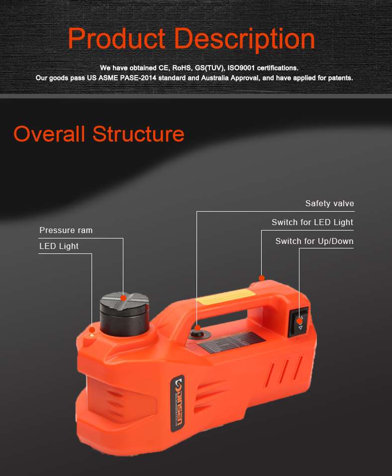 Portable Electric Hydraulic Jack Quick Lift ISO9001 Approved With 3.5m Cable
