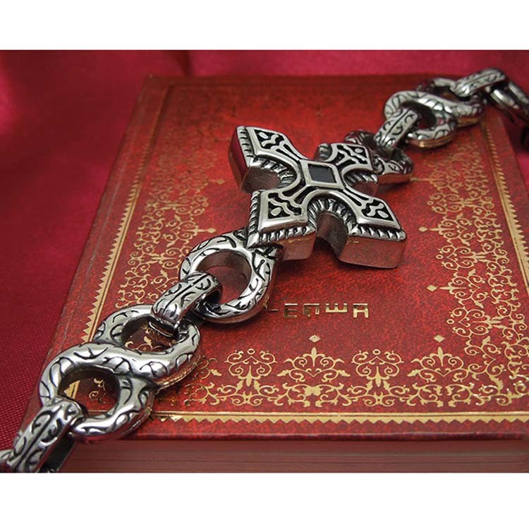 Men's Vintage Silver Plated 316l Titanium Stainless Steel Chain Cross Bracelet (JCE147)