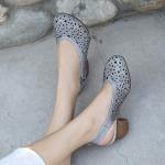 S494 Summer New Hole Sandals Leather Fashion Sexy Round Toe Buckle Mid Heel