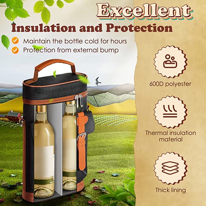 600D Polyester Thermal Custom Insulated Cooler Bag 2 Bottle Portable Tote Carrier