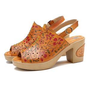 Wholesale Bohemian Fashion Women Sandals Orange Leather Block Heel Sandals from china suppliers
