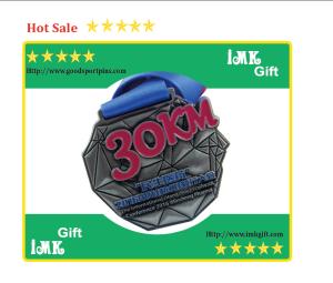 Wholesale 30KM trailwalk sport medal badges , sport pin in size 75mm with blue sublimation lanyard from china suppliers