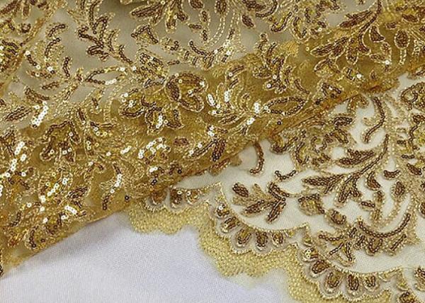 Quality Stretch Golden Lurex Sequin Lace Fabric , Nylon Mesh Fabric With Sequin Golden Thread for sale