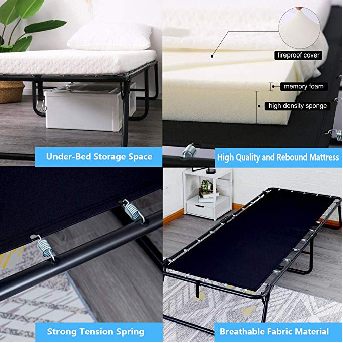 Hotel Single Bed Mattress Metal Foundation Folding Bed Frame with Space-Saving Design