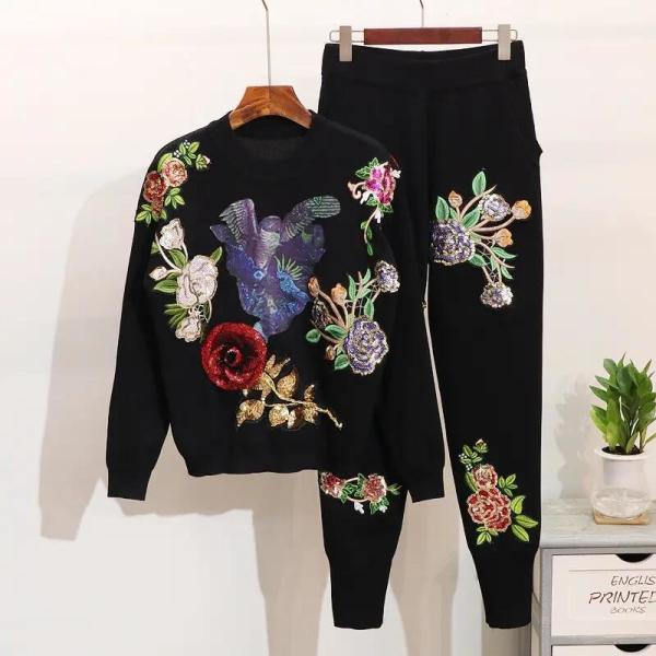 High Quality Sequins Flower Long-Sleeved Knitwear Sweater Casual Pants 2 Piece