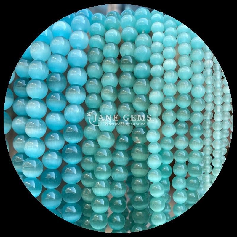Gold Olive Blue Color Gems Bead Round Shape Cat Eye Loose Bead Strands for Handmade Jewelry