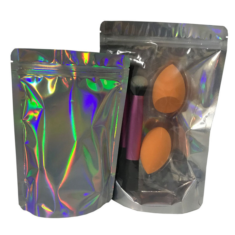Front clear Mylar Holographic Packaging Bag for Cosmetics Beauty Sponge Packaging