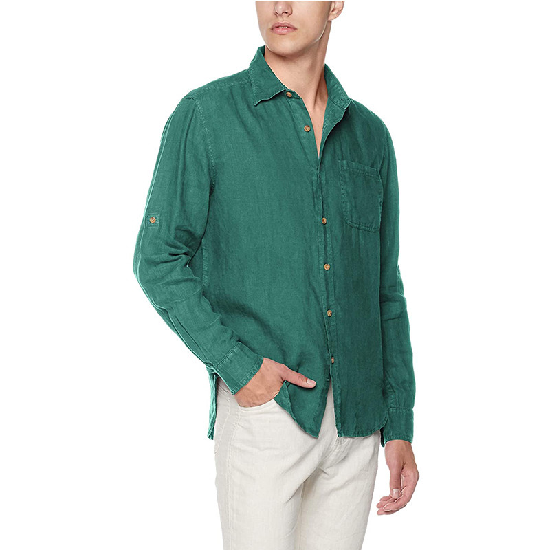 Solid Green Spread Collar Mens Casual Short Sleeve Shirts Yarn Dyed Fabric Slim Fit