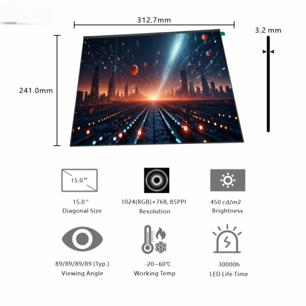 15.0-Inch Large TFT Display | 1024×768 Resolution, LVDS Interface, 400cd/m² Brightness for Industrial Control Panels & Equipment Monitors