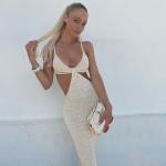 Midi Length Elegant Sexy Women Dresses , 116cm Low Cut Halter Dresses Five Color