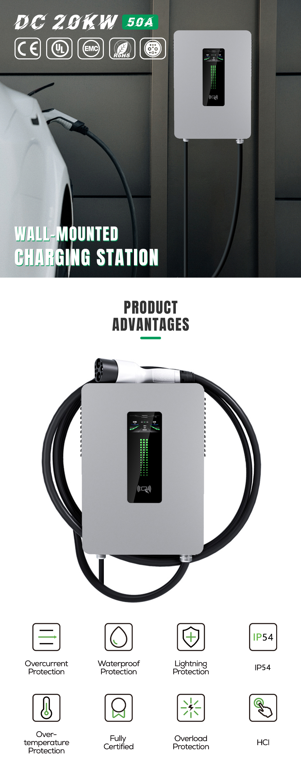E-mingze 20kW 50A Max Fast Electric Vehicle Charging Station for Wall-mounted Charging Equipment
