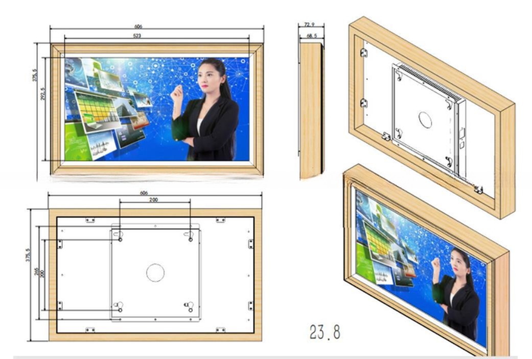 Wall HD 23.8" 24" inch LCD signage advertising video display screen with wood frame including mounting bracket
