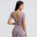 Women Lulu Cropped Yoga Padded T Shirt Breathable Cross Back Gym Energy Top