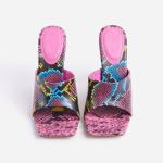 Faux Snakelike Print Platform Stiletto Sandals Open Square Toe Mules