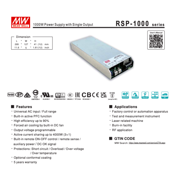 1000W 24v Programmable Power Supply Single Output Switching Power Supply