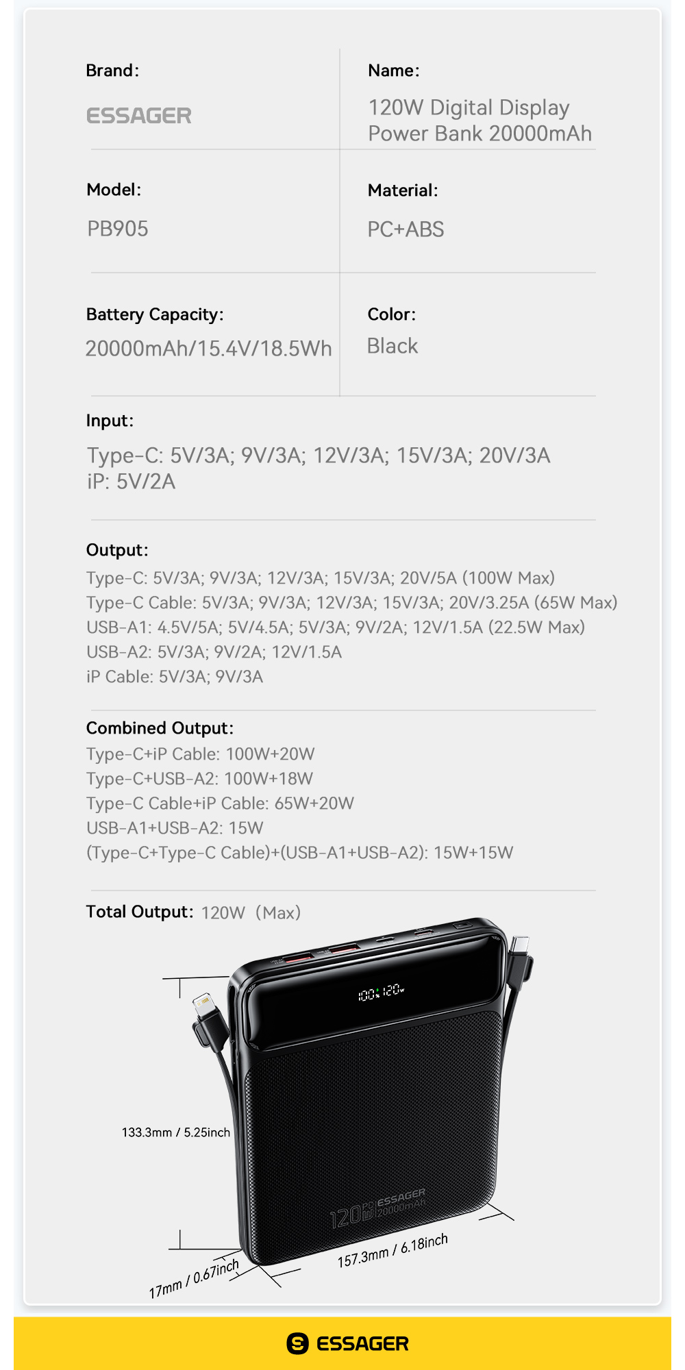 ESSAGER PB905 Series 4 Ports 20000mah Power Pack Portable Power Bank