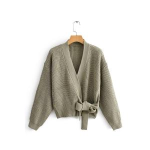 Wholesale Pure Color Ladies Lace Up Knit Sweater Spring Autumn Lantern Sleeve Sweater from china suppliers