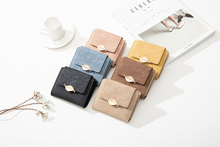 Custom Logo PU Leaf Buckle Zipper Folding Student Coin Purse for Simple and Practical