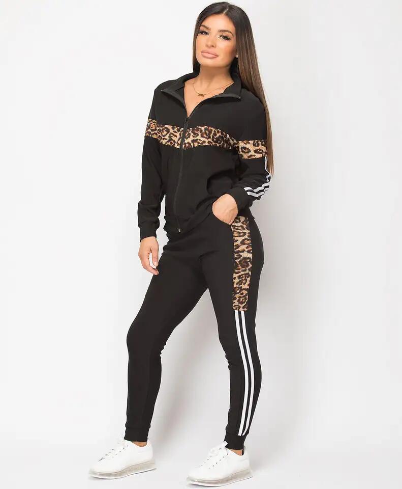 Womens Tracksuits Cotton Polyester Leopard Print Side Stripe Women Jogging 2 Pieces Set