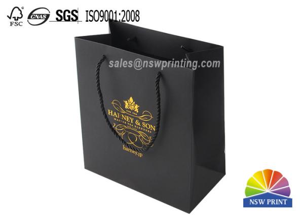 Durable Black Cardboard Printed Paper Bags With Brand Monogram Gold Foil