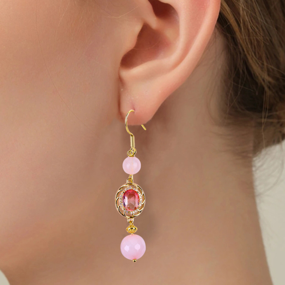 Multifacted Natural Crystal Rose Quartz Round Shape Bead With Pink Oval Shape Charm Beaded Earring
