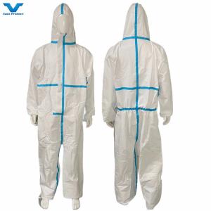 Wholesale 55GSM PPE CE Certificate En14126 Cat 3 Type 4/5/6 Disposable White Coverall with Blue Tape from china suppliers