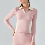 Color Contrast Long Sleeve Polo Shirts Ladies Equestrian Top High Density