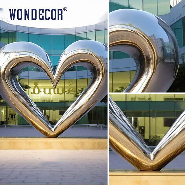 Large outdoor square modern abstract geometric hollow heart-shaped stainless steel sculpture