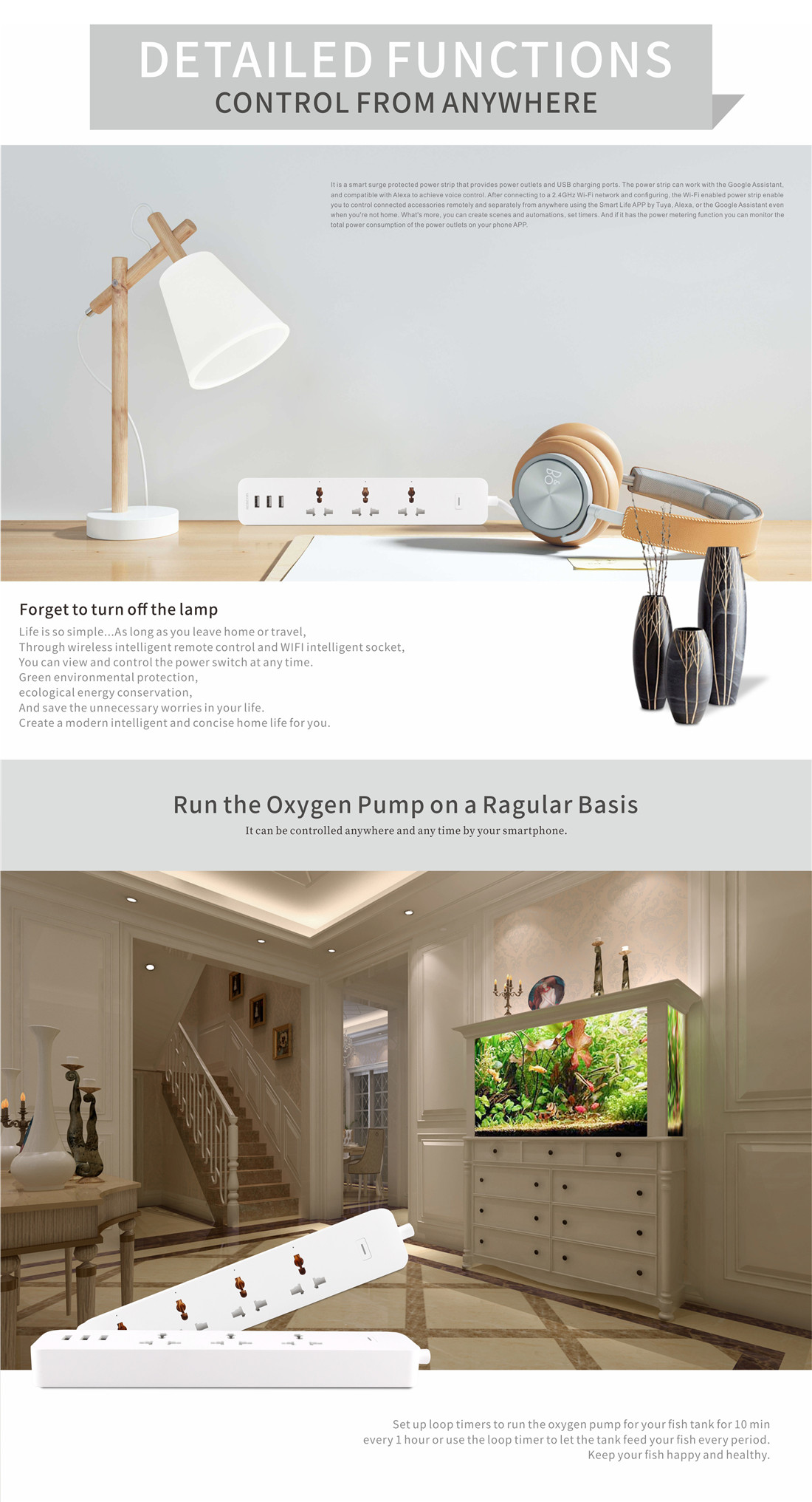 3 Way + USB Multi-function 10A WiFi Smart Power Strip Power Metering Function