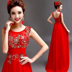 Wholesale Red Tank Sleeveless Embroidery Flower Toast Dress Gorgeous Evening Dress TSJY099 from china suppliers