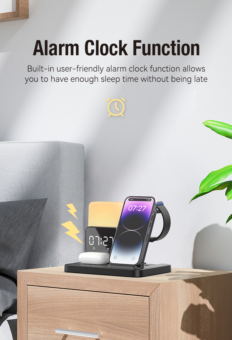 Clock Chargers Essential Multifunctional QC3.0 Wireless Charger with Alarm Clock