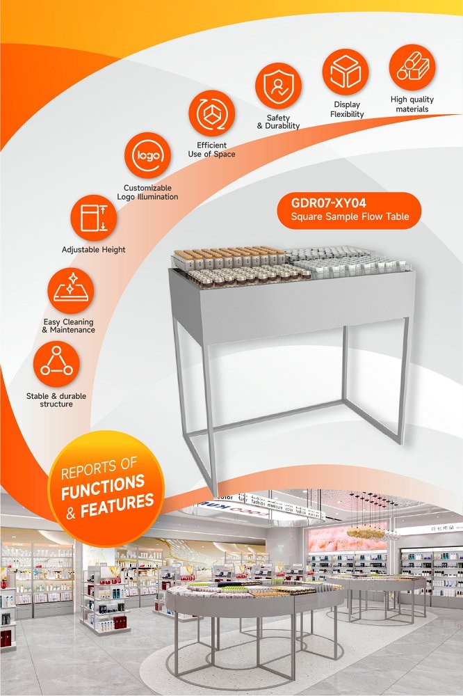 GDR07-XY04 Cosmetic Display Table with 3mm Transparent Acrylic Joint Box and Display Flexibility for Shopping Mall