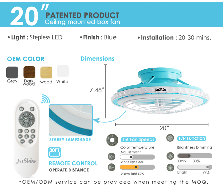 110-220V Home High Airflow Blue Ceiling Fan with OEM 1stshine LED and Blade Material